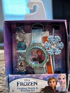 Disney Frozen Elsa & Anna Light Blue Flashing Watch and Snowflake Bracelet Set